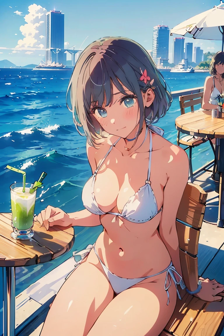 (Highest quality:1.4、8K:1.4,detailed),F cup bust、Big Breasts、Slim and beautiful arms、The body is slim、very white beautiful skin、((((1 person、smile、Swimwear、smile、sit、Chair、 the background you can see the urban buildings of Tokyo.、Outdoor cafe terrace、Coastal、Navy hair color、juice、table、She is wearing a white side-string high-leg bikini、Pose to hide the chest、Let&#39;s get closer and take a photo、look up、Very cute face))))、Looking into the camera、Very beautiful face、Very blue sky、cloudless sky、She tilted her head a little.、The atmosphere is bright and lively、The woman is in the center of the image。