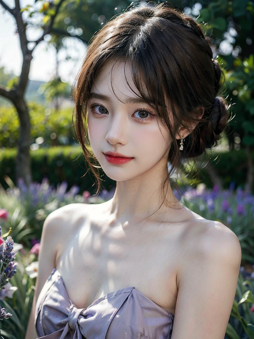1girl, (looking at viewer:1.2), detail face, (a girl standing, rending on cgsociety, Lavender garden backdrop), romanticism, atmospheric, (RAW photo, best quality), (realistic, photo-realistic:1.3), masterpiece, an extremely delicate and beautiful, extremely detailed, D cup,Cleavage,Translucent brown tube top1.5)Hair in a bun,Small and delicate earrings,Exquisite eye details,Charming smile 1.5