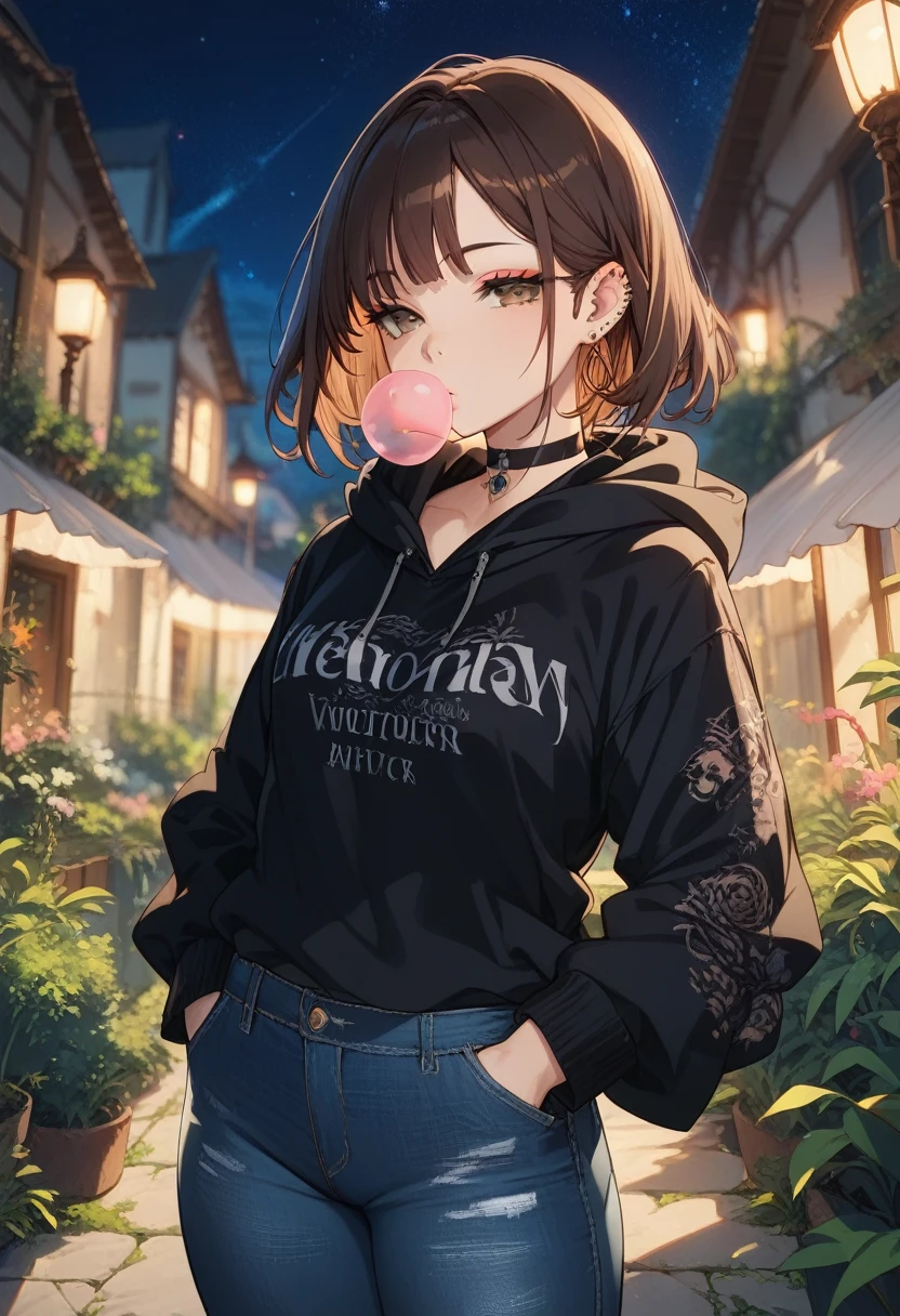 (8k, masterpiece, best quality, ultra-detailed, an extremely delicate and beautiful, official style, depth of field, highly detailed, very aesthetic, intricate, overall detail, perfect anatomy), (night, faint light), looking at viewer, 1girl, solo, black hair, brown eyes, medium hair, half-closed eyes, eyeshadow, faint lips, (ear piercing, industrial piercing), black hoodie, hood, hand in pocket, black choker, denim jeans, (chewing gum, blowing bubbles), gleaming skin
