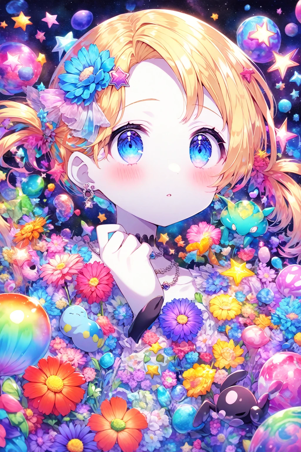 Melody Mark,Highest quality、Tabletop、1 Female、solo、(Abstract art:1.4),(Psychedelic Theme:1.6),(Gunjo World:1.5),(Lots of creatures:1.5),(Space World:1.5),(At the center of the world is the most beautiful woman in the world),(Many stars are falling:1.5),A ray of light spreads,Crystals spreading from the center,Prisma(Nostalgic scenery:1.5),(Colorful flowers:1.5),Garden Girl,Absurd, Ultra-detailed,Bright colors, Very beautiful and detailed anime faces and eyes,short hair,Asymmetrical bangs, Blonde hair in short pigtails, Shiny Hair, Delicate and beautiful face, blush、blue eyes, White skin, Barrette, Earrings, necklace,