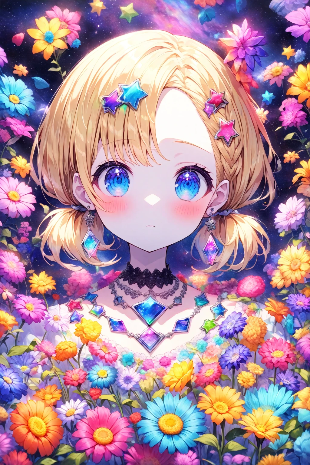 Melody Mark,Highest quality、Tabletop、1 Female、solo、(Abstract art:1.4),(Psychedelic Theme:1.6),(Gunjo World:1.5),(Lots of creatures:1.5),(Space World:1.5),(At the center of the world is the most beautiful woman in the world),(Many stars are falling:1.5),A ray of light spreads,Crystals spreading from the center,Prisma(Nostalgic scenery:1.5),(Colorful flowers:1.5),Garden Girl,Absurd, Ultra-detailed,Bright colors, Very beautiful and detailed anime faces and eyes,short hair,Asymmetrical bangs, Blonde hair in short pigtails, Shiny Hair, Delicate and beautiful face, blush、blue eyes, White skin, Barrette, Earrings, necklace,