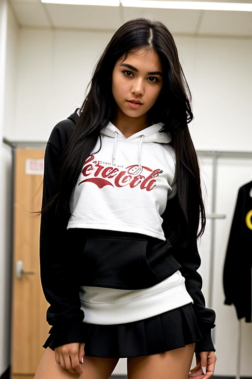 ((Best Quality)), ((Masterpiece)), (detailed), 1 girl, covered in a viscous white liquid, long hair, black hair, eyebrow ring, soft eyeliner, serious expression, short  style skirt, tight black hoodie, sexy position, big breasts, big thighs, thighs shiny by sunlight, full body back focus, background of a school dressing room, stained with a viscous  , open coke 