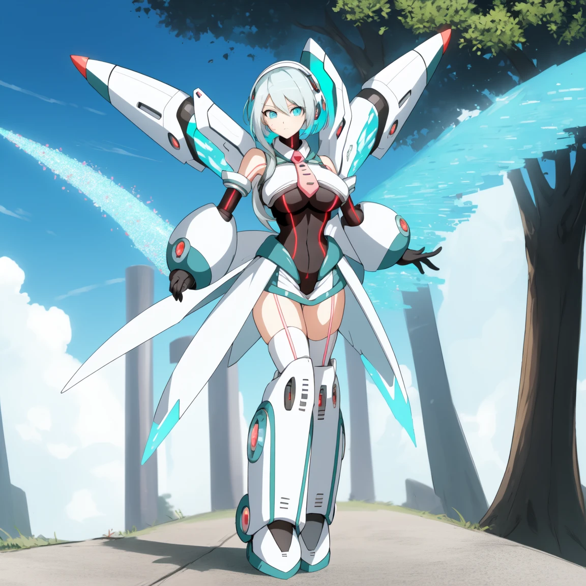 ico_megamanxdive, 1girl, blue eyes, solo, white hair, android, large breasts, black gloves, short hair, thighhighs, necktie, high quality, masterpiece, standing with green flames coming from a tree