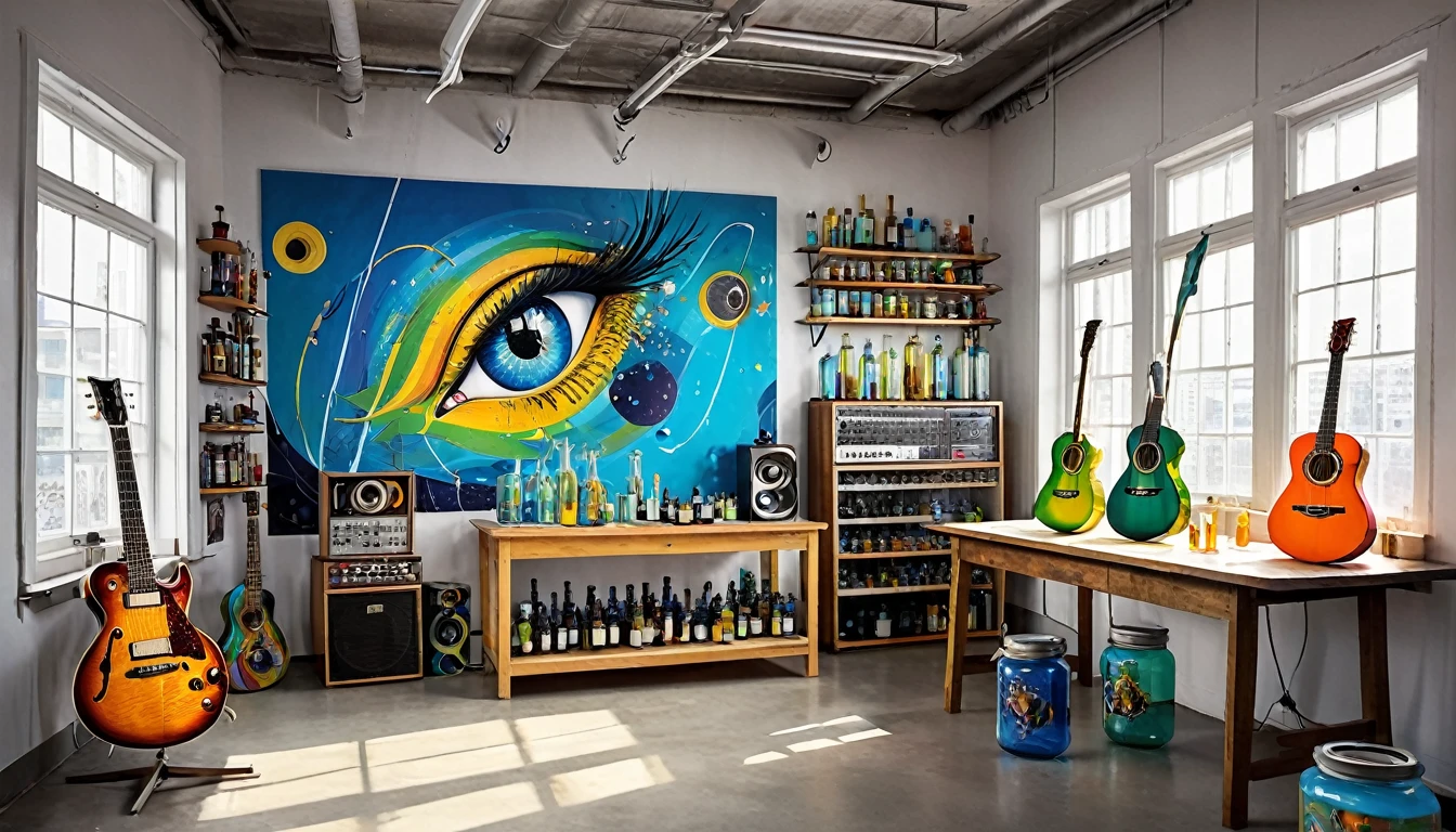 Masterpiece; Guitars and drums in a small science lab(((several science bottles around the room))); (guitars and musical keyboards inside science bottles) World map on the wall. sciencie complete with speakers and glass flasks of chemistry, embody the resilience and tenacity of the scientific community, infused with a bold graphic allure that enlivens the spirit of science. The design penetrates layers of depth, integrating the raw essence and vibrant cores of Rio de Janeiro culture. Brushstrokes that incorporate the fluid energy of graffiti on guitars and acoustic guitars weave around dynamic geometric shapes, adorning the laboratories with an evocative masterpiece that speaks to the heart of the intersection between two diverse worlds. Majestically rendered in high definition and vibrant color, every detail bursts with life, inviting viewers to marvel at the beauty that; by Salvador Dali