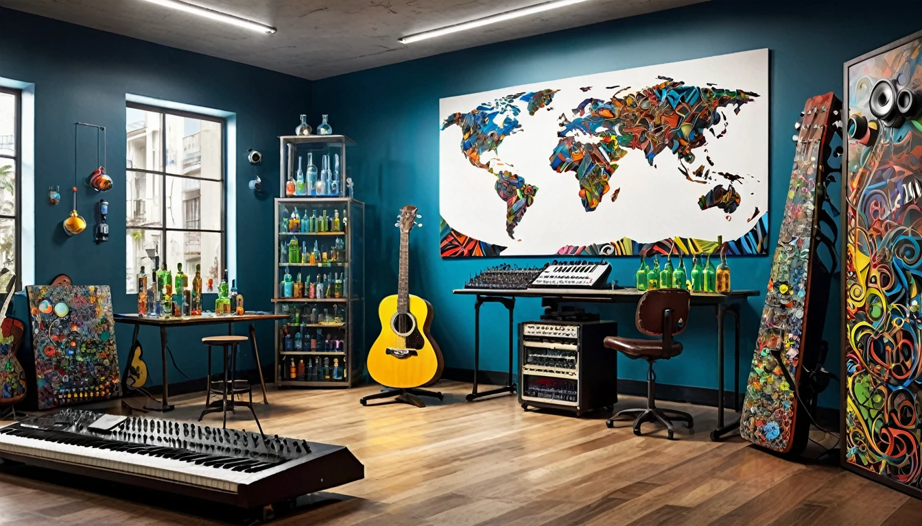 Masterpiece; Guitars and drums in a small science lab(((several science bottles around the room))); (guitars and musical keyboards inside science bottles) World map on the wall. sciencie complete with speakers and glass flasks of chemistry, embody the resilience and tenacity of the scientific community, infused with a bold graphic allure that enlivens the spirit of science. The design penetrates layers of depth, integrating the raw essence and vibrant cores of Rio de Janeiro culture. Brushstrokes that incorporate the fluid energy of graffiti on guitars and acoustic guitars weave around dynamic geometric shapes, adorning the laboratories with an evocative masterpiece that speaks to the heart of the intersection between two diverse worlds. Majestically rendered in high definition and vibrant color, every detail bursts with life, inviting viewers to marvel at the beauty that; by Salvador Dali