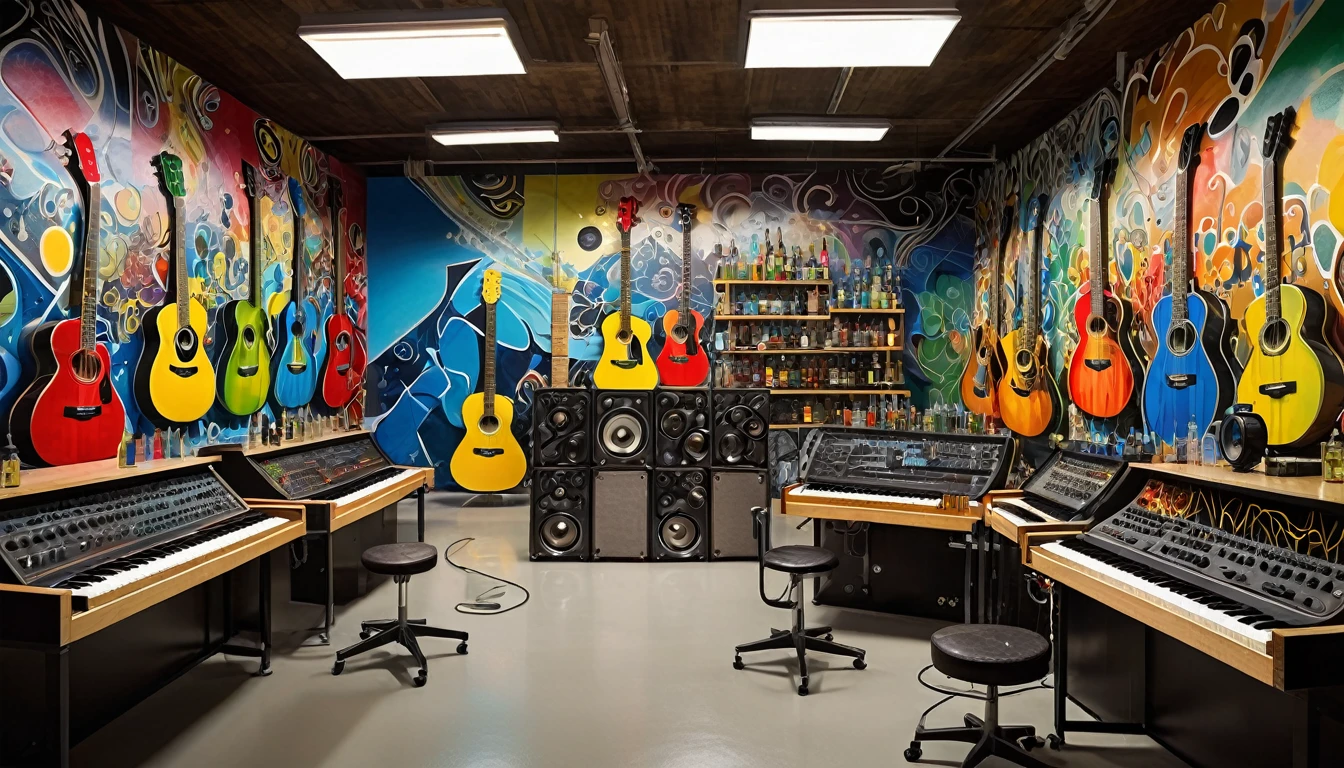 Masterpiece; Guitars and drums in a small science lab(((several science bottles around the room))); (guitars and musical keyboards inside science bottles) World map on the wall. sciencie complete with speakers and glass flasks of chemistry, embody the resilience and tenacity of the scientific community, infused with a bold graphic allure that enlivens the spirit of science. The design penetrates layers of depth, integrating the raw essence and vibrant cores of Rio de Janeiro culture. Brushstrokes that incorporate the fluid energy of graffiti on guitars and acoustic guitars weave around dynamic geometric shapes, adorning the laboratories with an evocative masterpiece that speaks to the heart of the intersection between two diverse worlds. Majestically rendered in high definition and vibrant color, every detail bursts with life, inviting viewers to marvel at the beauty that; by Salvador Dali