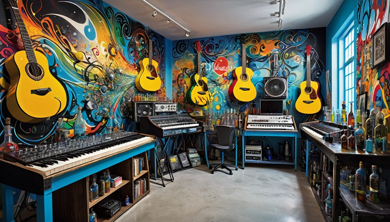 Masterpiece; Guitars and drums in a small science lab(((several science bottles around the room))); (guitars and musical keyboards inside science bottles) World map on the wall. sciencie complete with speakers and glass flasks of chemistry, embody the resilience and tenacity of the scientific community, infused with a bold graphic allure that enlivens the spirit of science. The design penetrates layers of depth, integrating the raw essence and vibrant cores of Rio de Janeiro culture. Brushstrokes that incorporate the fluid energy of graffiti on guitars and acoustic guitars weave around dynamic geometric shapes, adorning the laboratories with an evocative masterpiece that speaks to the heart of the intersection between two diverse worlds. Majestically rendered in high definition and vibrant color, every detail bursts with life, inviting viewers to marvel at the beauty that; by Salvador Dali