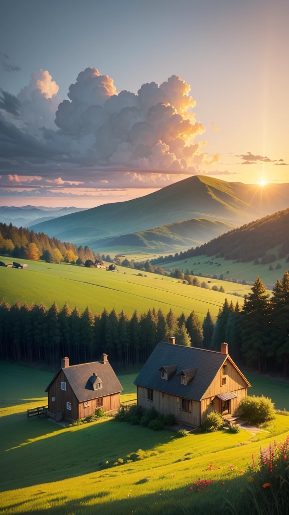 Illustration of a picturesque countryside scene at sunset. The sky is filled with large, dramatic clouds illuminated by the setting sun, casting an orange and yellow glow. In the foreground, a cozy cottage with a blue roof is nestled among tall grass and wildflowers. A large tree stands near the house, adding to the serene and peaceful atmosphere. The grass is lush and green, gently rolling towards the horizon.
