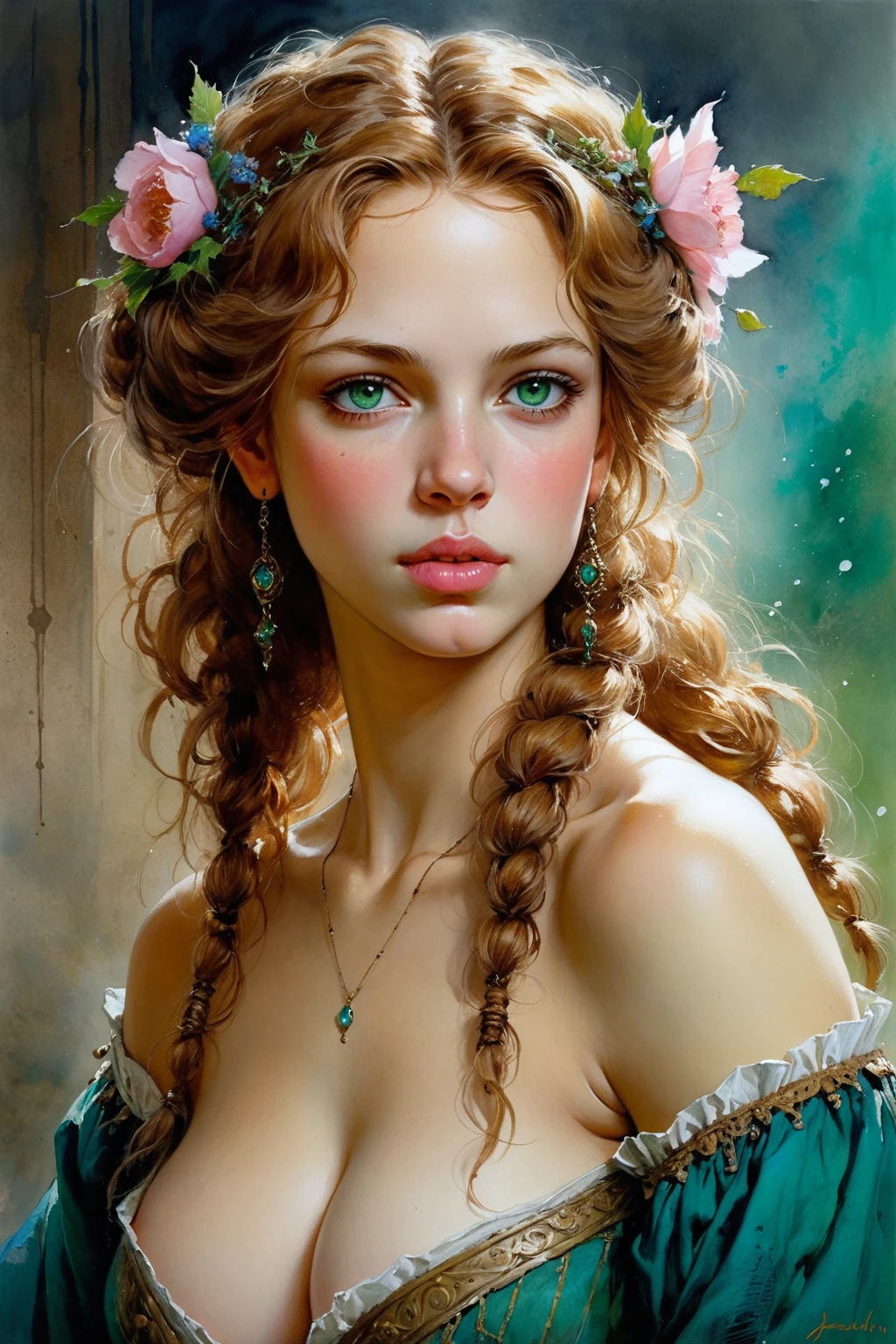 Victorian Hungarian Women Women of the 14th Century, Hazel Hair, Pink lips, Great Features, Vadim Kashin, James Gurney, ink, Splash Art", Great beauty , Royo, After gender determination, Super detailed splash art modern European oil ink painting, Gorgeous medium breasts, Gorgeous body, oil, Highly detailed bright turmarine green eyes, blush, Greg Rutowski.