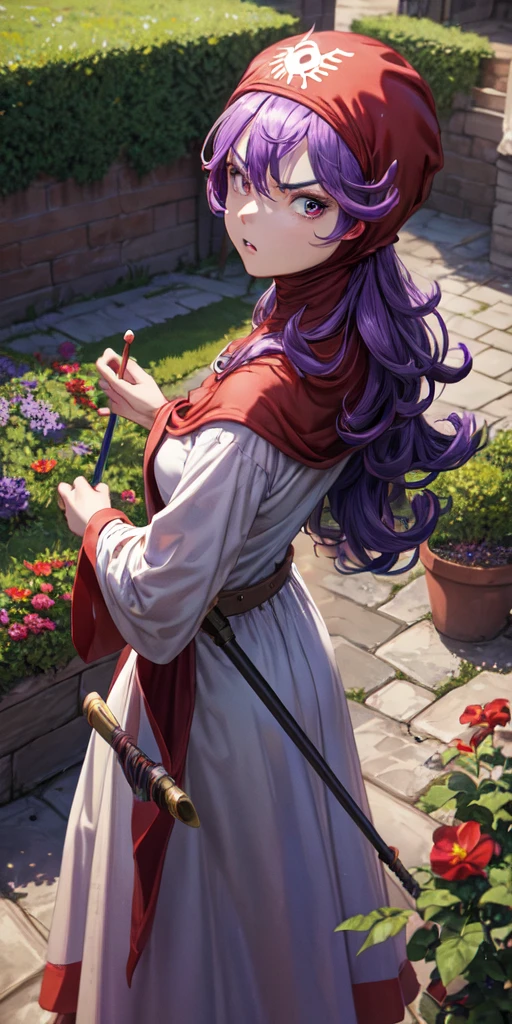 masterpiece, best quality, 4k, 8k, dqPom, red hood, purple hair, robe, cowboy body shot, holding staff, sky, garden, looking at viewer, from above, angry