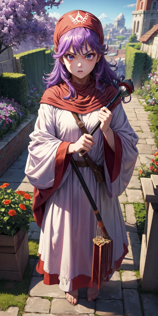 masterpiece, best quality, 4k, 8k, dqPom, red hood, purple hair, robe, cowboy body shot, holding staff, sky, garden, looking at viewer, from above, angry