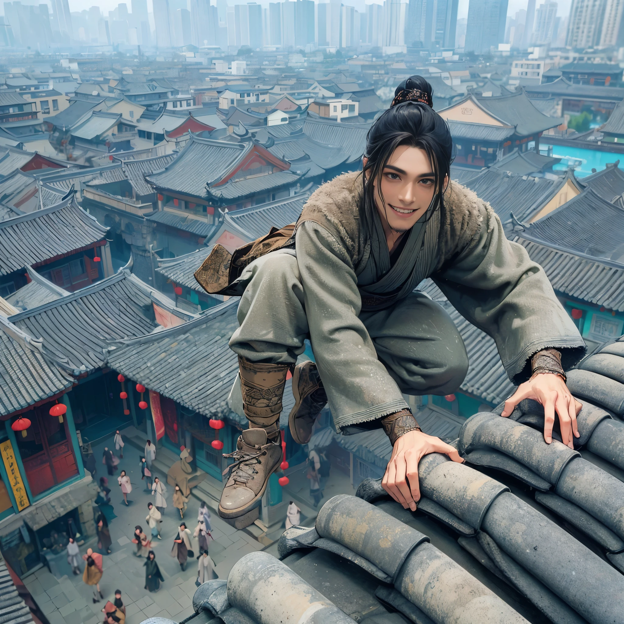 (Best Quality:1.2), (high resolution:1.2), (beautiful face and eye:1.2), (sharpest focus:1.2), (Ultra-realistic Photo:1.2), (Ultra-precise Photo:1.2), (Depth of field:1.2), (perfect ???????:1.2), (nice hands:1.2), (perfect hands:1.2), 
(Chinese period drama:1.0), (35 years old:1.8), (Dull commoner very small man in Song dynasty China:1.5), (Lowly but somehow charming smile:1.8), (Leaping over the roof with great ease:1.8), (Hunchback:1.0), 
(Many soldiers chasing a small man in a capture book:1.0 ), (towel wrapped around head:1.0), 