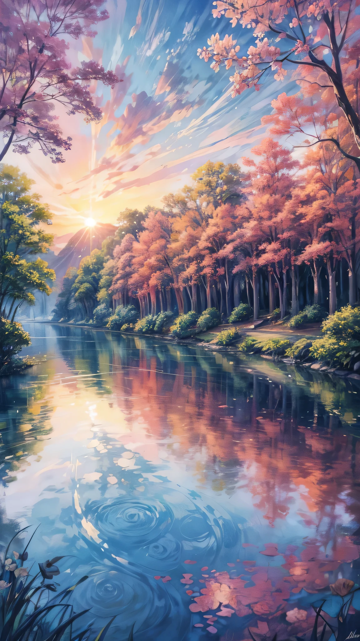 Impressionist Watercolor Landscape,Depicting a country house,Sitting precariously on a quietly flowing river, The setting sun creates a colorful canvas in the sky、The light of the surrounding trees々As if reflected in the calm water, Quaint Residence, Quiet River, sunset sun, Gorgeous sunset, Unique natural environment, twilight, Pattern texture, luxuriant, Gentle, Water reflection, Warm colors, Rich brushstrokes, Dreamy atmosphere, Gradient sky, Soft lighting, Artistic Impression