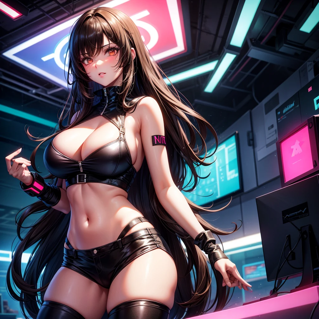 long dark hair / big tits / brown eye / neon lights / gamer sexy outfit