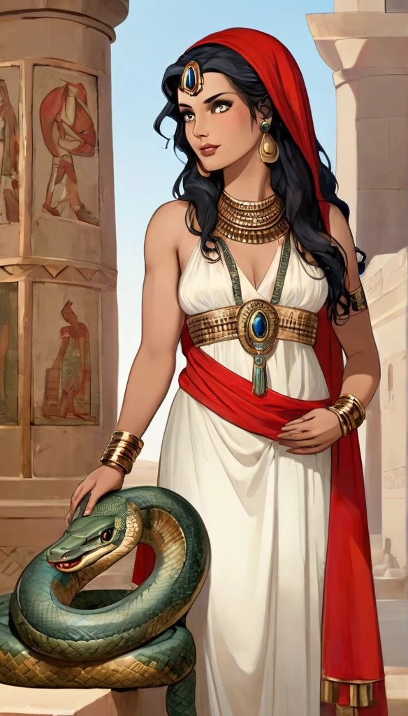 Cléopâtre, reine d'Égypte, Femme mature chaude, très enceinte, une peau de serpent, sexy , corps maternelle, Égypte antique, grosse poitrine, un temple égyptien,robe rouge et maron couleur sable, moule le corps, vêtements transparent, de long cheveux noirs raide , orné de nombreux bijoux enceinte de quintuplé, poitrine gonflé qui ejecte du lait, dents serpent visible, sourit, avec des yeux doré, pupilles reptilienne, femme serpent, gorgone.
