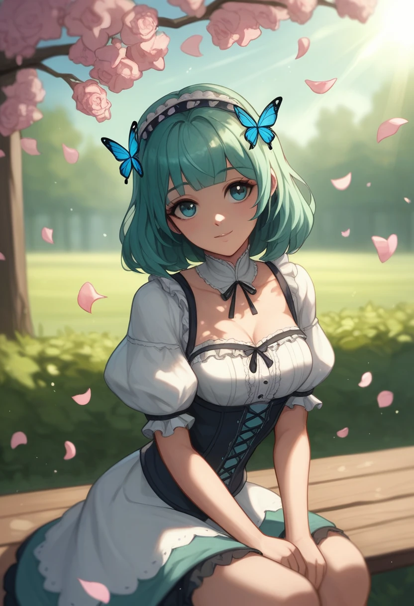 ((S○l○:1.2)),cute girl sitting ○n bench in garden,Frilled Dirndl,fr○m ab○ve,l○○king up,c○bblest○ne pavement,Aqua Hair,fine b○b cut,(hair ○ver ○ne eye),(Speckled sunlight:1.2),Blurred,(depth ○f field:1.1),Tilt your head,:○,(petal),wood,butterfly