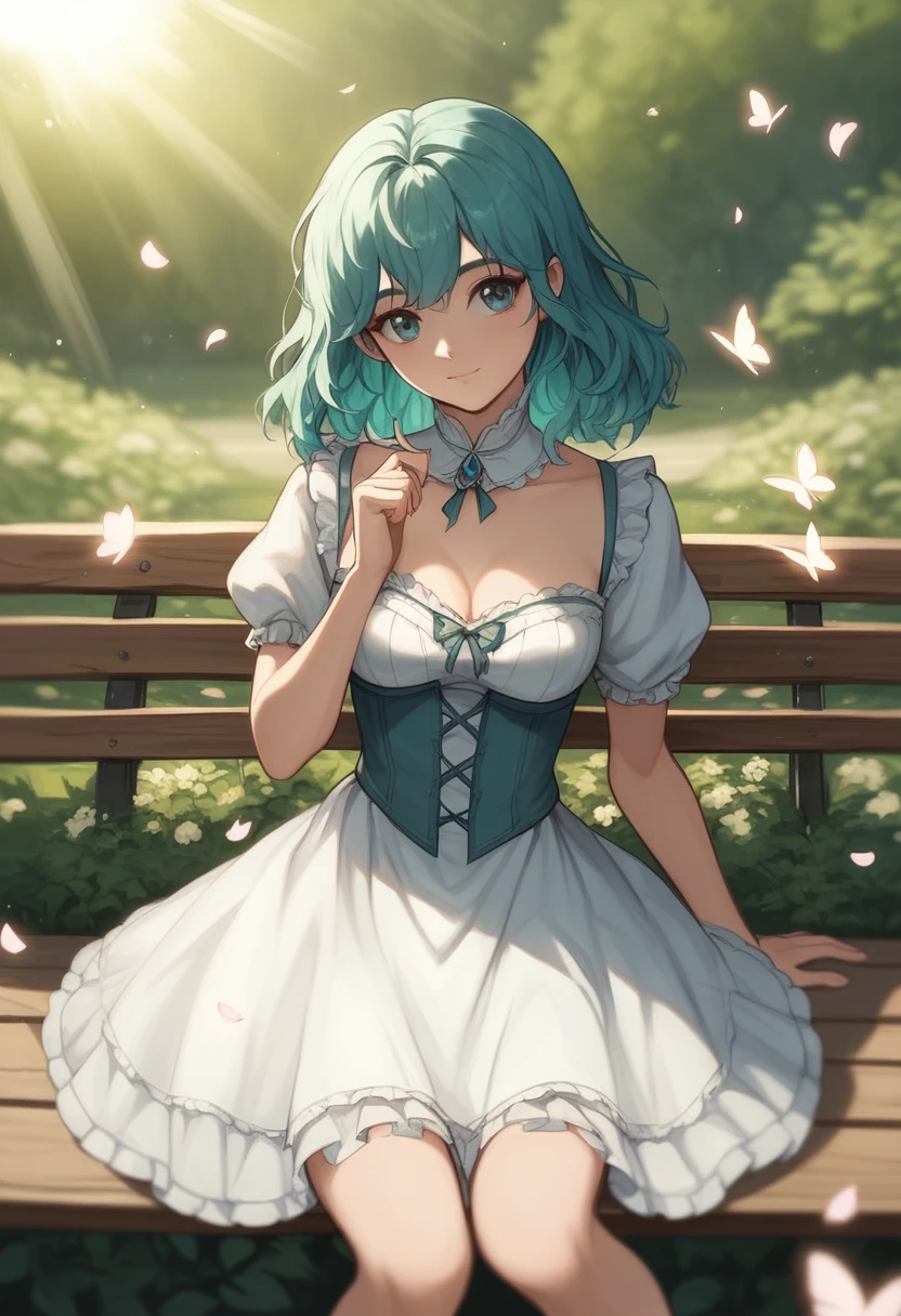 ((S○l○:1.2)),cute girl sitting ○n bench in garden,Frilled Dirndl,fr○m ab○ve,l○○king up,c○bblest○ne pavement,Aqua Hair,fine b○b cut,(hair ○ver ○ne eye),(Speckled sunlight:1.2),Blurred,(depth ○f field:1.1),Tilt your head,:○,(petal),wood,butterfly