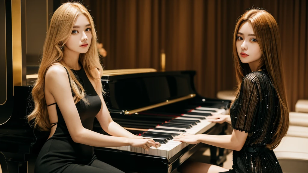 plays piano, 20 years old, long hair, fair skin, beautiful woman, rosian、gold hair