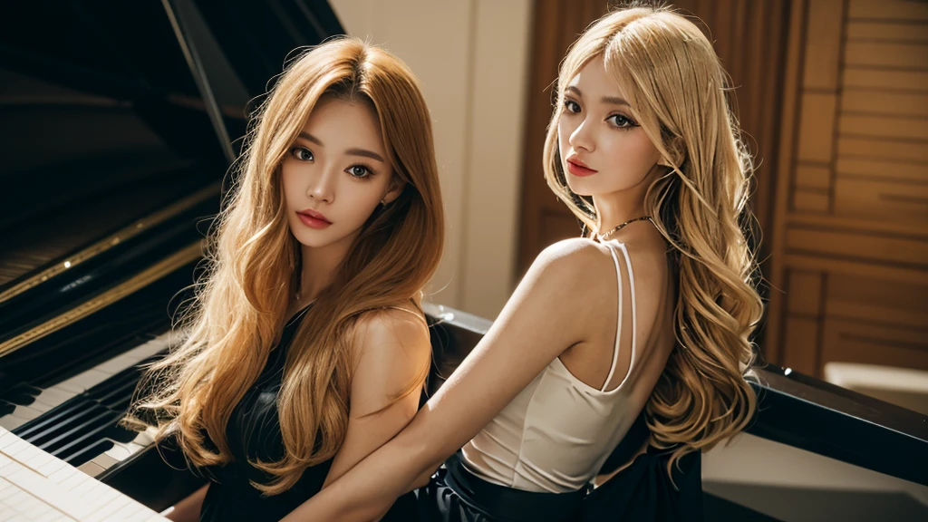 plays piano, 20 years old, long hair, fair skin, beautiful woman, rosian、gold hair
