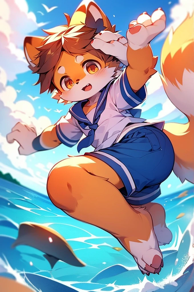 Red Panda Boy,Ocean,Sailor suit,