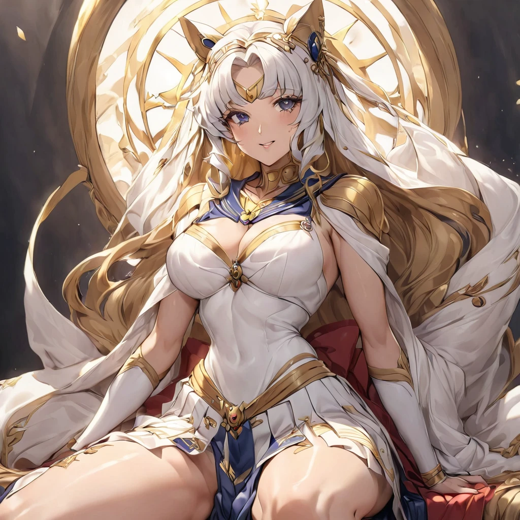((Highest quality)), ((masterpiece)), (detailed), （Perfect Face）、Women are鮮やかな褐色肌のエジプト人の月野うさぎでエジプトの豪邸で金の刺繍のあり豪華で煌びやかなエジプト伝統民族衣装に豪華なヘジャブを被り着用して豪華な宝飾されたアクセサリーにエンゲージリングをつけていて女と男は豪華な部屋の豪華で大きなソファーに座りWomen are威厳のある逞しい髭の生えたエジプト民族衣装を着た中年男性に抱き寄せられている、Women are気品のある月野うさぎで金髪ロングヘアのシニョンツインテールでWomen areエジプト衣裳姿の鮮やかな褐色肌のエジプト人の月野うさぎ、（Women are褐色肌のエジプト人の月野うさぎ）、The man is a dignified, muscular, bearded, middle-aged Egyptian man wearing traditional Egyptian clothing.、Women are１０Holding her -old ghter