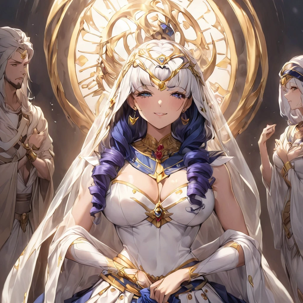 ((Highest quality)), ((masterpiece)), (detailed), (Perfect Face)、Women are鮮やかな褐色肌のエジプト人の月野うさぎでエジプトの豪邸で金の刺繍のあり豪華で煌びやかなエジプト伝統民族衣装に豪華なヘジャブを被り着用して豪華な宝飾されたアクセサリーにエンゲージリングをつけていて女と男は豪華な部屋の豪華で大きなソファーに座りWomen are威厳のある逞しい髭の生えたエジプト民族衣装を着た中年男性に抱き寄せられている、Women are気品のある月野うさぎで金髪ロングヘアのシニョンツインテールでWomen areエジプト衣裳姿の鮮やかな褐色肌のエジプト人の月野うさぎ、(Women are褐色肌のエジプト人の月野うさぎ)、The man is a dignified, muscular, bearded, middle-aged Egyptian man wearing traditional Egyptian clothing.、Women are10Holding her -old ghter