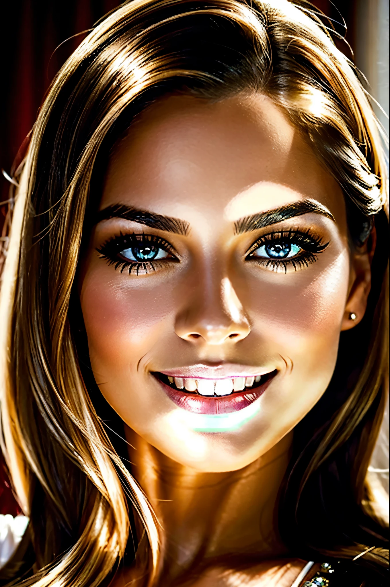 high resolution photo frontal portrait of a woman that has a radiant oval face with a striking and captivating appearance, radiating elegance and charm. A beautiful 29 year old woman with delicate and feminine facial features. Her long, wavy blonde hair frames her face in a charming way, while her warm honey brown eyes shine with intelligence and warmth and are framed by long, dark lashes and well-shaped eyebrows. Her facial features are perfectly balanced, with an elegant nose and softly defined cheekbones. Her cheekbones, her facial features are high and prominent, perfectly balanced, with softly small and elegantly defined cheekbones. Her smile is radiant and infectious, lighting up the room whenever she enters. Her full, naturally pink lips add a touch of seduction to her already captivating presence and often curve into a warm, friendly smile that reaches her eyes. Gabriela meticulously takes care of her appearance, maintaining clear, smooth and flawless skin with a golden tone that enhances her natural beauty and radiates a healthy glow. Her oval face is complemented by long, flowing blonde hair that cascades over her shoulders with a natural, healthy glow. Overall, Gabriela has a classic, timeless beauty with an approachable girl-next-door charm  --style raw  --ar 3:4