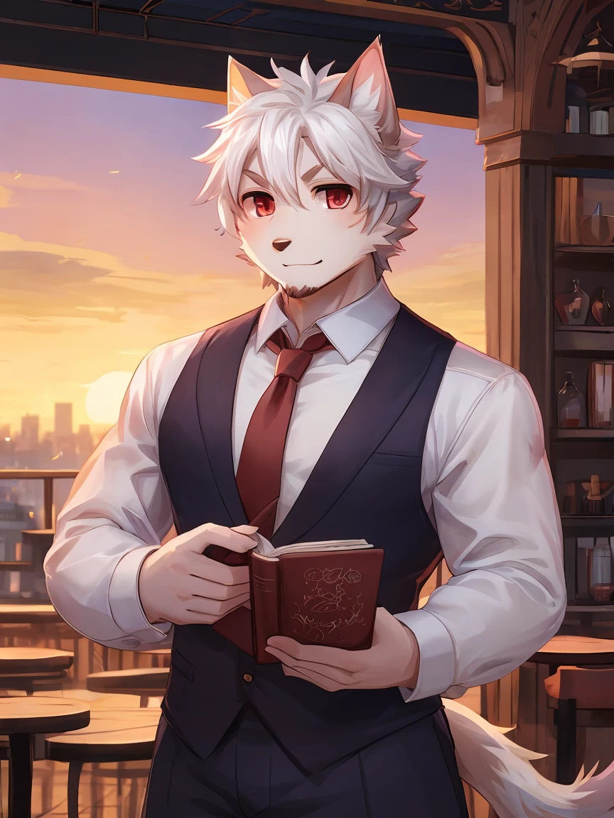 White Cat Boy,black碎发,Red eyes,White Hair,White hairy hands,black,Dark and thick eyebrows,Red tie,Cafe,City sunset,Holding a magic book in hand