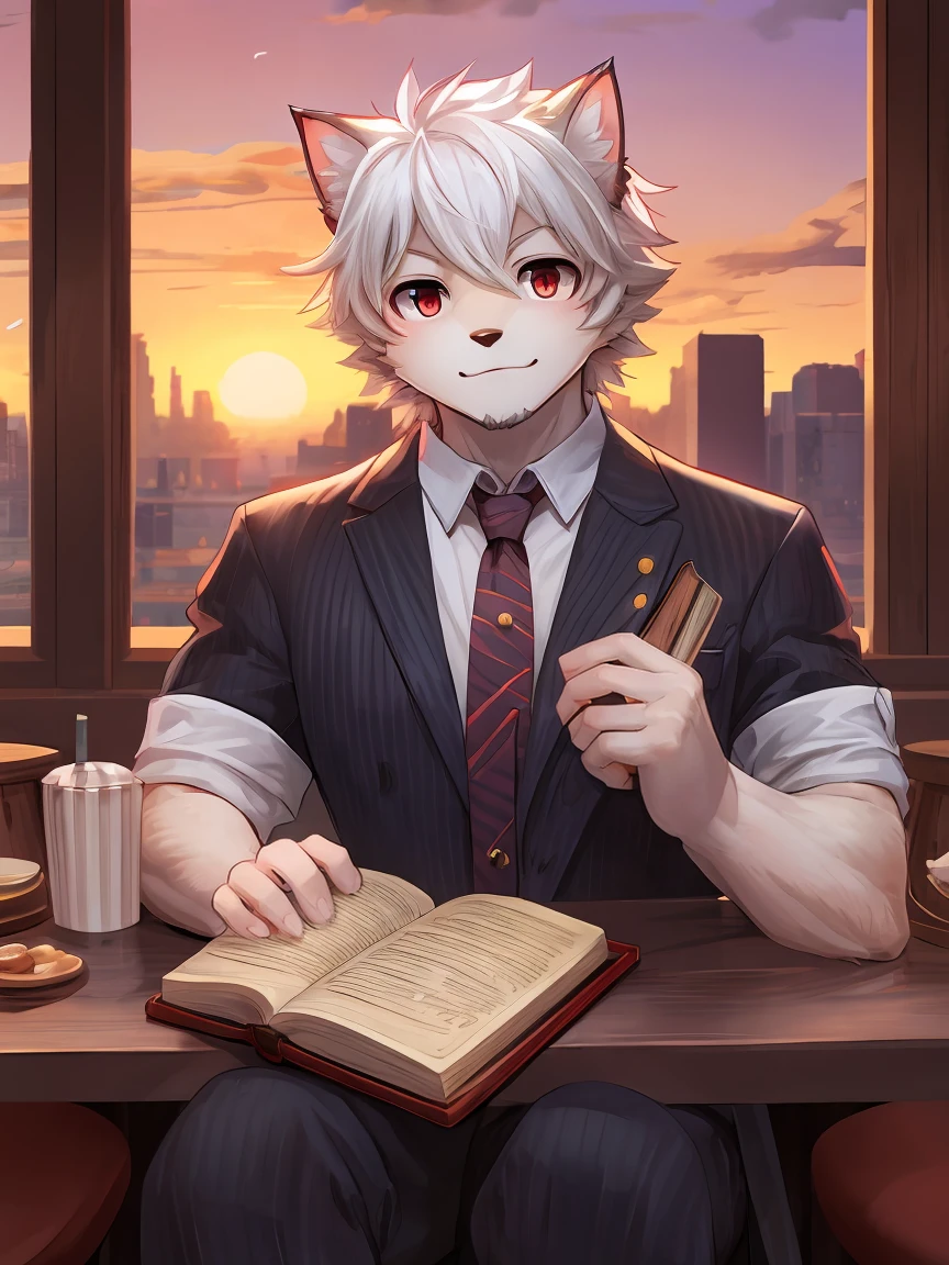 White Cat Boy,black碎发,Red eyes,White Hair,White hairy hands,black,Dark and thick eyebrows,Red tie,Cafe,City sunset,Holding a magic book in hand