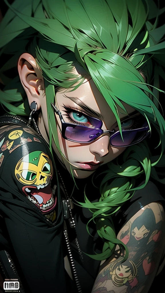 a close up of a person with green hair, steampunk beautiful anime woman, takashi murakami art style, cyberpunk sunglasses, riot entertainment realistic, full color manga cover, highly intricate mindar punk, lime and violet, evil. vibrant colors. cute, ( ( ( anime ) ) ), trending on artstaion