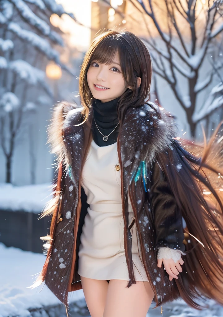 Photo from the waist up、Night city illumination shot、Cowgirl Shot、Fur coat、豪華なグレーのミンクのFur coat、Wear fine leather boots、Luxury Bags、Inner turtleneck、Silver necklace and small silver earrings Millionaire style:1.4））、Full body photo、smile、 Caustics、Highly detailed photos、Very beautiful woman 、Ample breasts、No makeup、(8K、RAW Photos、Highest quality、masterpiece:1.2)、(Realistic、Realistic)、1 Girl、((Medium Short Hair、Midwinter、Cold region Snow falling、The wind is blowing、Fluttering Hair、Blur the background、Colorful illuminations、Looking into the camera:1.4))、
