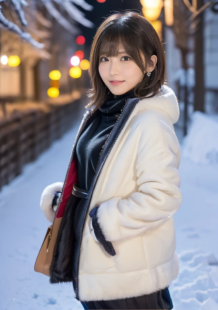 Photo from the waist up、Night city illumination shot、Cowgirl Shot、Fur coat、豪華なグレーのミンクのFur coat、Wear fine leather boots、Luxury Bags、Inner turtleneck、Silver necklace and small silver earrings Millionaire style:1.4))、Full body photo、smile、 Caustics、Highly detailed photos、Very beautiful woman 、Ample breasts、No makeup、(8K、RAW Photos、Highest quality、masterpiece:1.2)、(Realistic、Realistic)、1 Girl、((Medium Short Hair、Midwinter、Cold region Snow falling、The wind is blowing、Fluttering Hair、Blur the background、Colorful illuminations、Looking into the camera:1.4))、