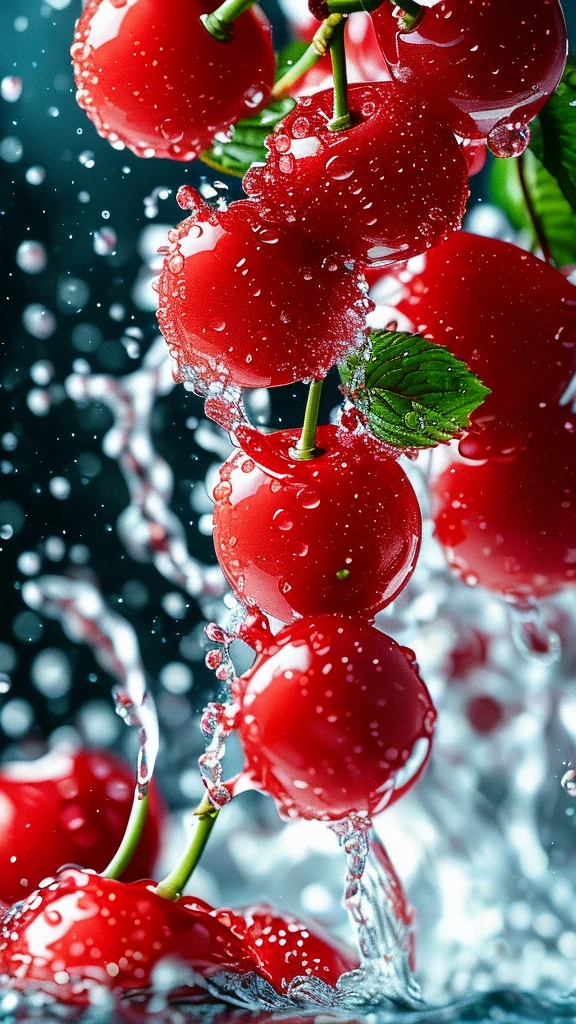 Real photography of 3 cherries falling into water and splashing water drops. Business style, Macro Photography, background, Warm lighting, Cool tones create splash effects. Cherries covered with white spots, Cherries falling from the sky, Forming a splashing liquid water ball. HD photography quality.