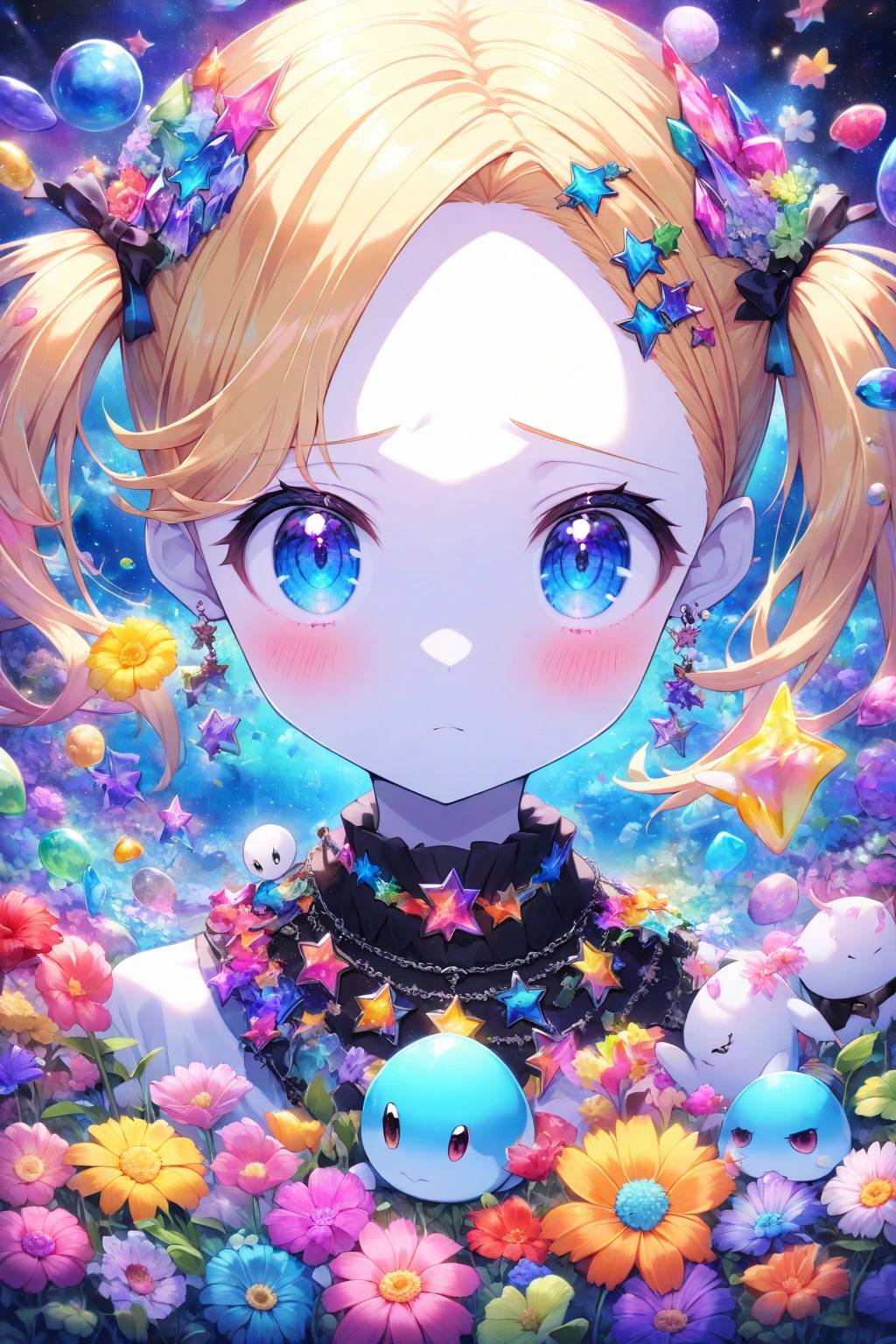 Melody Mark,Highest quality、Tabletop、1 Female、solo、(Abstract art:1.4),(Psychedelic Theme:1.6),(Gunjo World:1.5),(Lots of creatures:1.5),(Space World:1.5),(At the center of the world is the most beautiful woman in the world),(Many stars are falling:1.5),A ray of light spreads,Crystals spreading from the center,Prisma(Nostalgic scenery:1.5),(Colorful flowers:1.5),Garden Girl,Absurd, Ultra-detailed,Bright colors, Very beautiful and detailed anime faces and eyes,short hair,Asymmetrical bangs, Blonde hair in short pigtails, Shiny Hair, Delicate and beautiful face, blush、blue eyes, White skin, Barrette, Earrings, necklace,