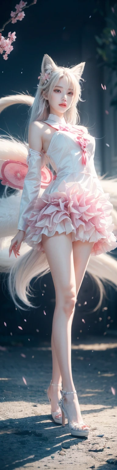 full body,(long leg:1.5),Nine snow-white fox tails (1.0), Milky white fox tail (1.0), Nine-tailed fox close-up, Nine Tails, Nine Tails, white Hair、Wearing a pink dress、Anime girl with flowers in her hair, very Beautiful anime fox girl, Beautiful anime fox girl, Beautiful fantasy anime, Gu Weiss, Anime girl with fox ears, Beautiful anime girl, Very beautiful and cute fox girl, Pink flower rain, Background blur, Anime style 4k, Anime Fantasy Artwork, 4k anime wallpaper, Guvez-style artwork