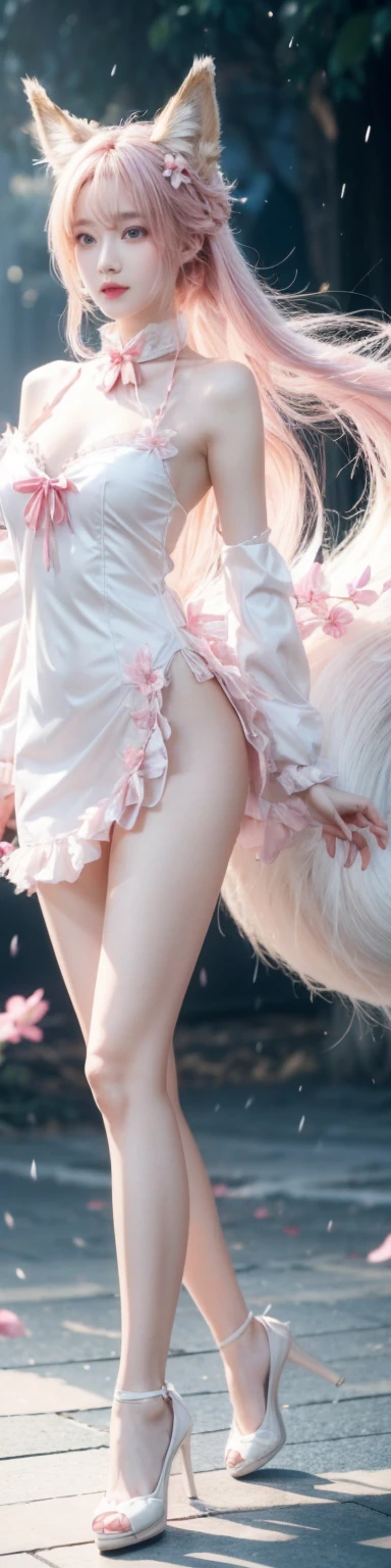 full body,(long leg:1.5),Nine snow-white fox tails (1.0), Milky white fox tail (1.0), Nine-tailed fox close-up, Nine Tails, Nine Tails, white Hair、Wearing a pink dress、Anime girl with flowers in her hair, very Beautiful anime fox girl, Beautiful anime fox girl, Beautiful fantasy anime, Gu Weiss, Anime girl with fox ears, Beautiful anime girl, Very beautiful and cute fox girl, Pink flower rain, Background blur, Anime style 4k, Anime Fantasy Artwork, 4k anime wallpaper, Guvez-style artwork
