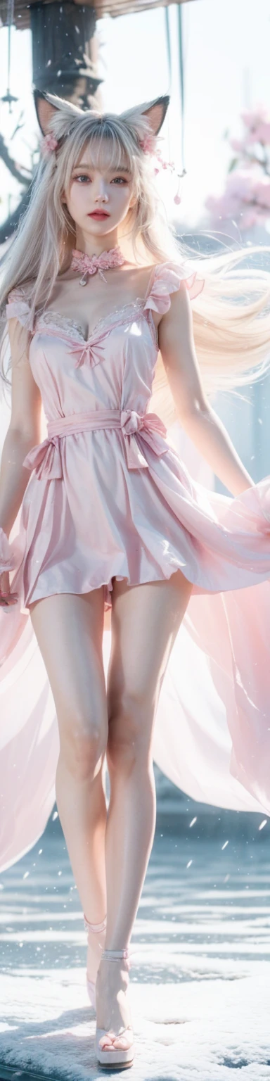 full body,(long leg:1.5),Nine snow-white fox tails (1.0), Milky white fox tail (1.0), Nine-tailed fox close-up, Nine Tails, Nine Tails, white Hair、Wearing a pink dress、Anime girl with flowers in her hair, very Beautiful anime fox girl, Beautiful anime fox girl, Beautiful fantasy anime, Gu Weiss, Anime girl with fox ears, Beautiful anime girl, Very beautiful and cute fox girl, Pink flower rain, Background blur, Anime style 4k, Anime Fantasy Artwork, 4k anime wallpaper, Guvez-style artwork