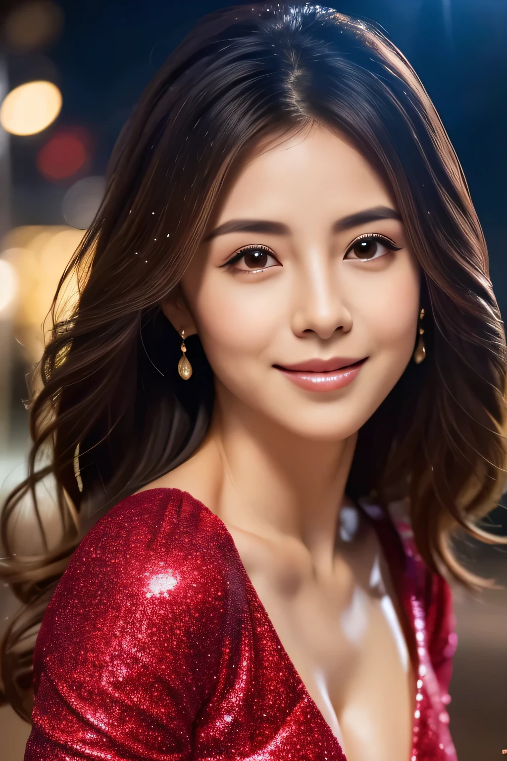 One Girl, (Wearing a red glitter dress:1.2), (RAW Photos, Highest quality), (Realistic, Realistic:1.4), Tabletop, Very delicate and beautiful, Very detailed, 2k wallpaper, wonderful, In detail, Very detailed CG Unity 8k wallpaper, Very detailedな, High resolution, Soft Light, Beautiful detailed girl, Very detailedな目と顔, Beautiful and detailed nose, Beautiful details, Cinema Lighting, City lights at night, Wonderful illumination, Perfect Anatomy, Slender body, small, smile