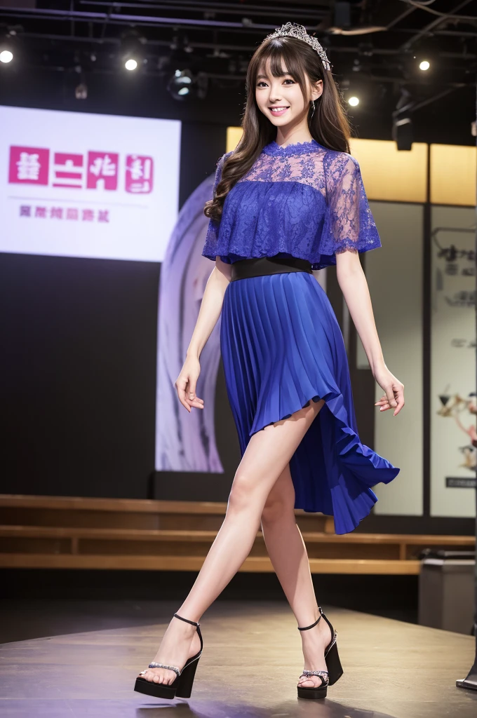 Amazingly large eyes、Smiling face、H cup bust、50cm waist、Slender and fair-skinned、Japan woman with long hair、20-year-old、Slim figure、Wearing a vivid colored, supple pleated skirt and a sheer lace blouse、Wearing high heels。On the runway at a fashion show、Her whole body was shown, from her high heels to her head, as she walked towards the viewer.、Bright, photo-quality images。