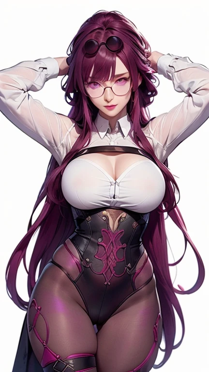 ,(((Full and soft breasts,)))(((Huge breasts))) (((Cleavage))) (Perfect curvy figure), ((8k resolution))、((best quality))、((masterpiece))、((Very detailed))((((dramatic))), (Anatomically correct)、The depth of the object being written、Looking at the camera、((Kafka, (Glasses on head:1.3), Round glasses, (Purple Eyes:1.1), Purple Hair, Long hair,))front、Eight-head body、thin but muscular Well developed, Toned arms, Long and thin legs, Sporty style,(theme、whole body:1.1), White background