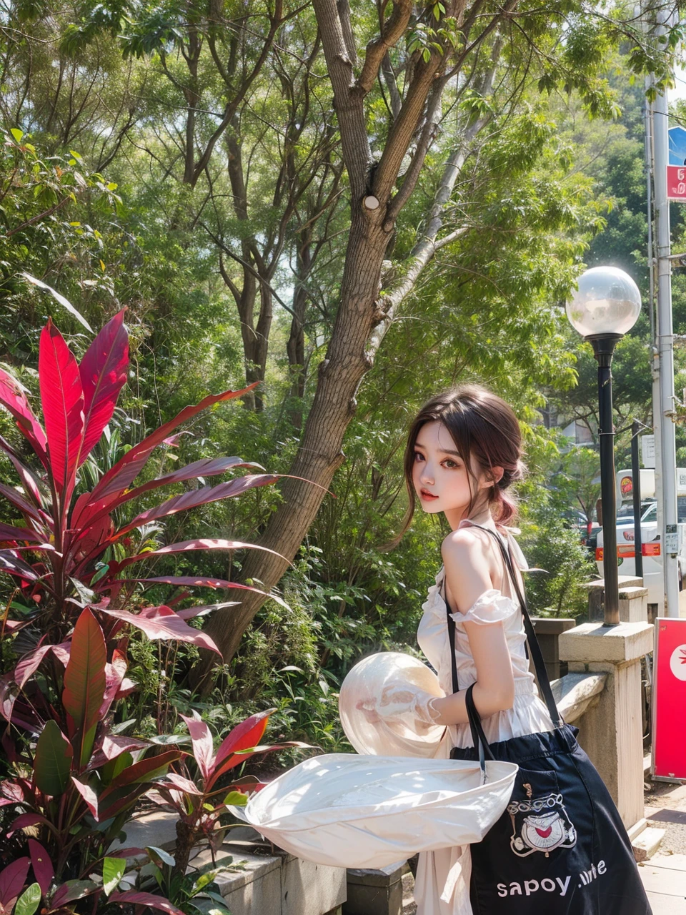 Light pink hair, pink eyes, pink and white, sakura leafs, vivid colors, white dress, paint splash, simple background, ray tracing, wavy hair