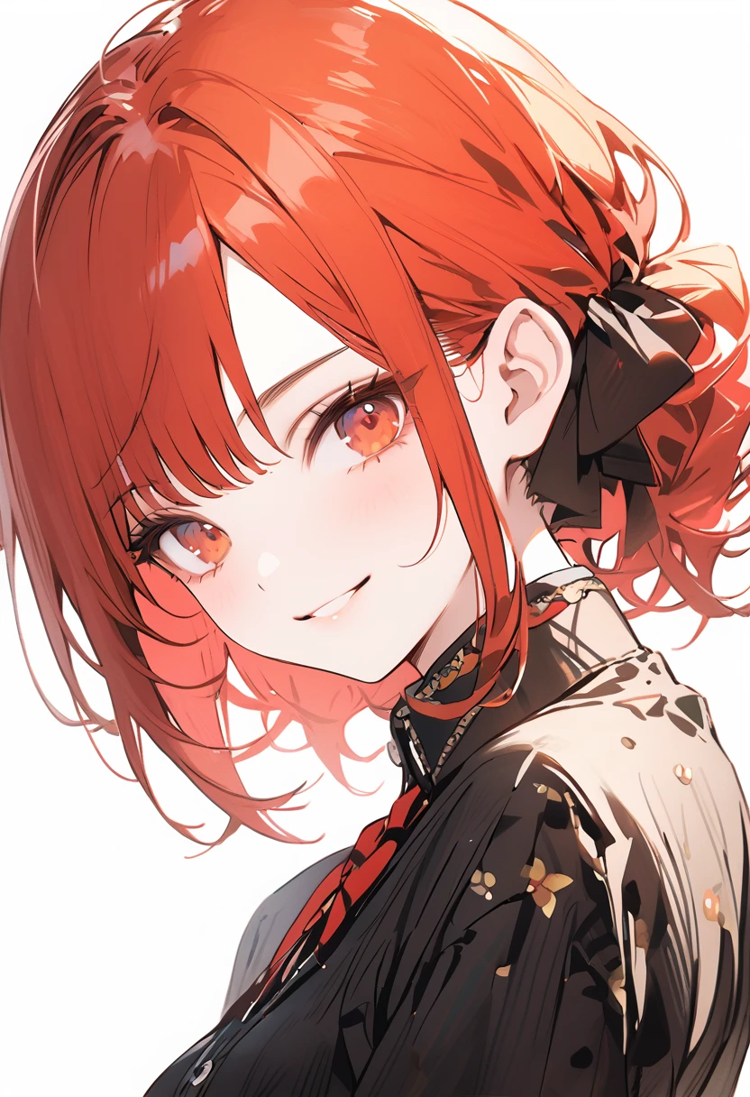 (masterpiece, best quality:1.2), 1girl, solo, cinematic view, portrait, red hair, cute smile, dynamic angle, black dress, yakuza girl