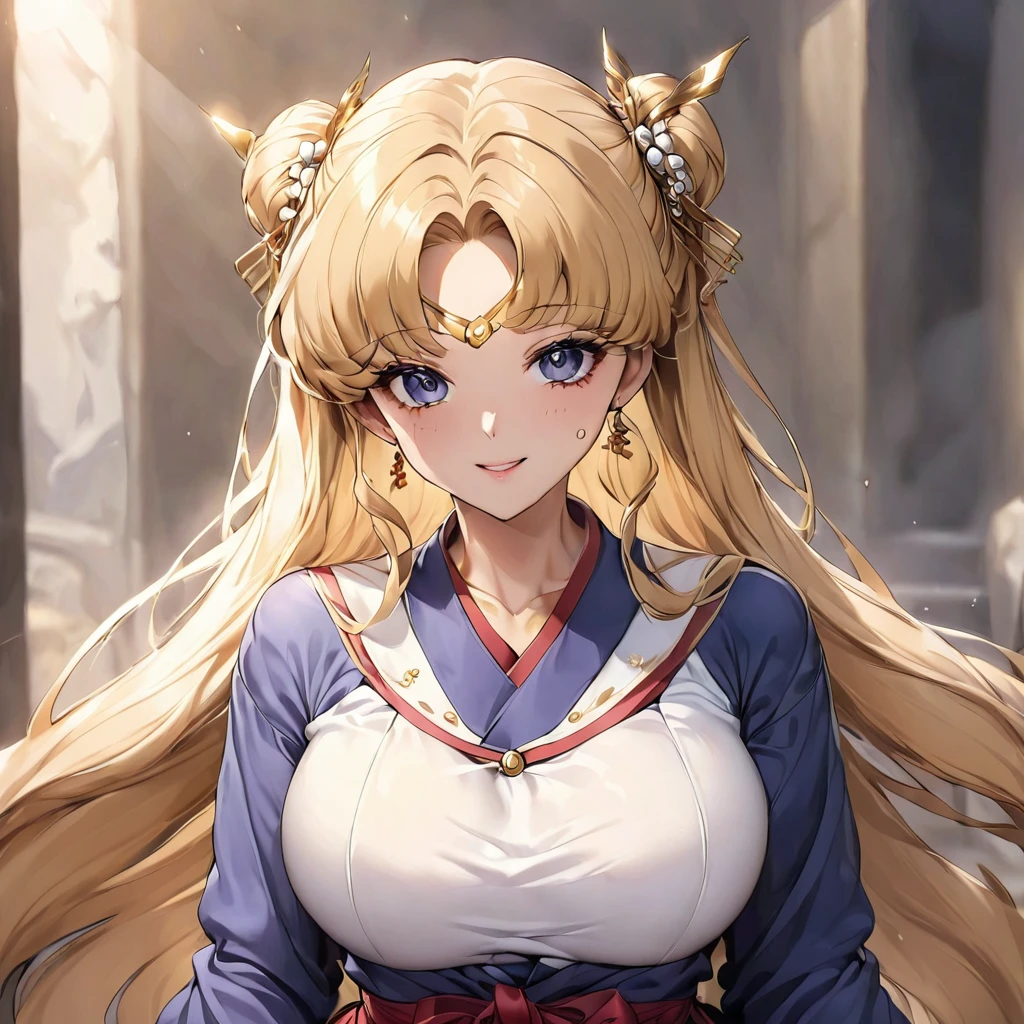 ((Highest quality)), ((masterpiece)), (detailed), (Perfect Face)、Women are韓国人の月野うさぎで韓国の豪邸で豪華で煌びやかな韓服のチマチョゴリを着て豪華な髪飾りに豪華な宝飾されたアクセサリーにエンゲージリングをつけて女と男は豪華な部屋の豪華で大きなソファーに座りWomen are威厳のある逞しい韓服を着た韓国人の中年の男に抱き寄せられている、Women are気品のある月野うさぎで金髪ロングヘアのシニョンツインテールでWomen are韓服のチマチョゴリを着た韓国人の月野うさぎ、The man is a dignified, sturdy middle-aged Korean man wearing the traditional Korean dress, Hanbok.、Women are10Holding her year-old daughter