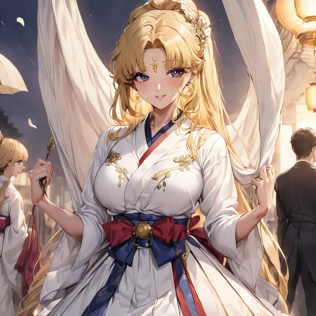 ((Highest quality)), ((masterpiece)), (detailed), (Perfect Face)、Women are韓国人の月野うさぎで韓国の豪邸で豪華で煌びやかな韓服のチマチョゴリを着て豪華な髪飾りに豪華な宝飾されたアクセサリーにエンゲージリングをつけて女と男は豪華な部屋の豪華で大きなソファーに座りWomen are威厳のある逞しい韓服を着た韓国人の中年の男に抱き寄せられている、Women are気品のある月野うさぎで金髪ロングヘアのシニョンツインテールでWomen are韓服のチマチョゴリを着た韓国人の月野うさぎ、The man is a dignified, sturdy middle-aged Korean man wearing the traditional Korean dress, Hanbok.、Women are10Holding her year-old daughter