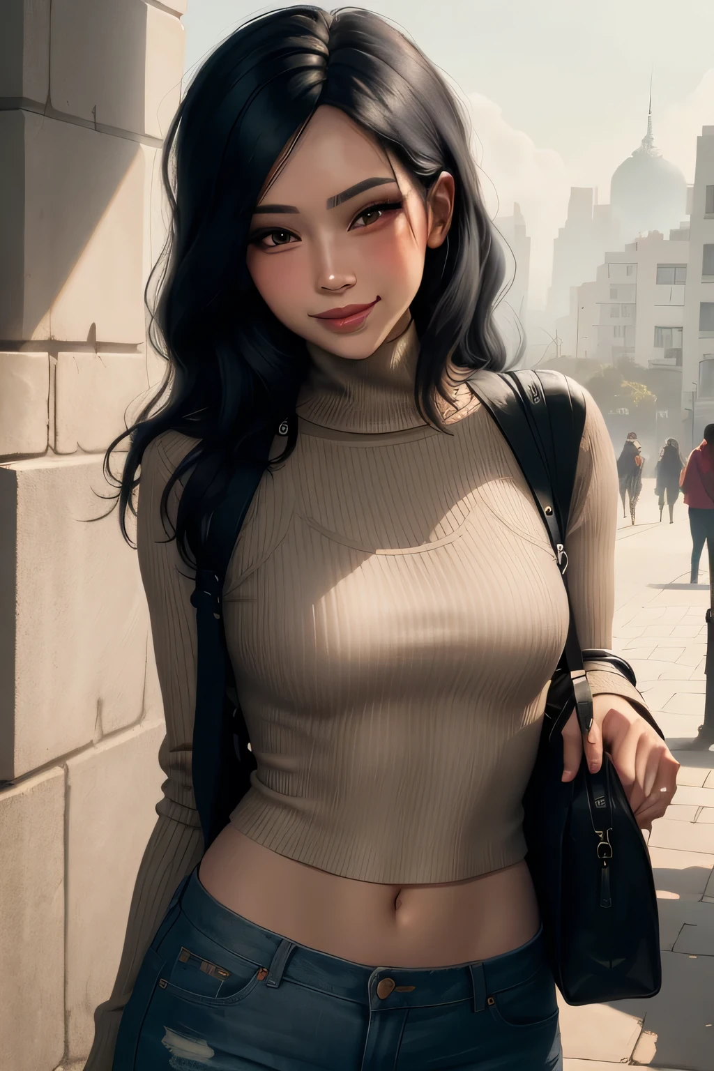 Amazing portrait of a sexy woman wearing her long straight luscious black hair as she seductively gazes and smiles with her soft lips parted as she blushes intensely wearing a white t shirt layered with a grey cardigan and baggy jeans showcasing her medium chest and perfect body