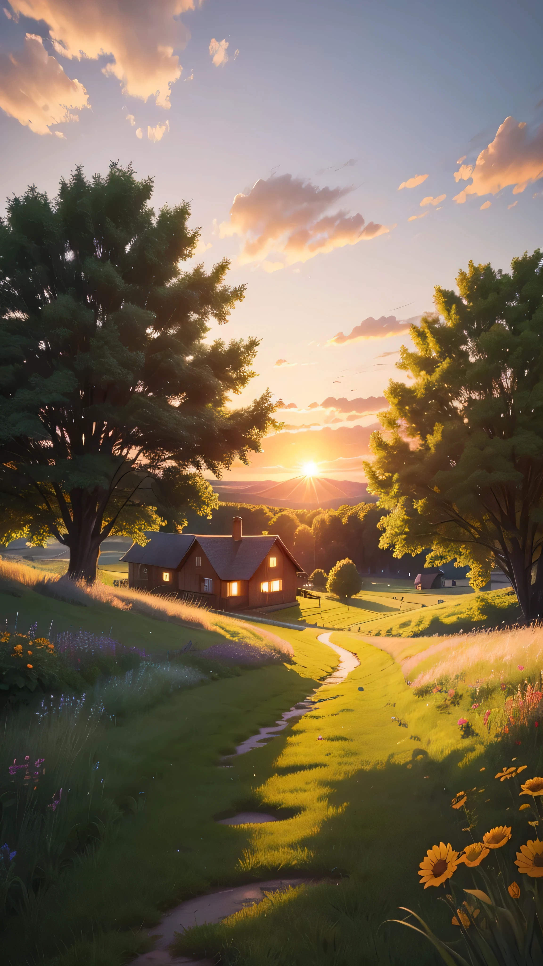 Illustration of a picturesque countryside scene at sunset. The sky is filled with large, dramatic clouds illuminated by the setting sun, casting an orange and yellow glow. In the foreground, a cozy cottage with a blue roof is nestled among tall grass and wildflowers. A large tree stands near the house, adding to the serene and peaceful atmosphere. The grass is lush and green, gently rolling towards the horizon.