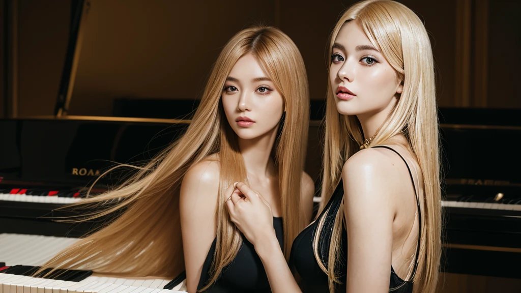 plays piano, 20 years old, long hair, fair skin, beautiful woman, rosian、gold hair