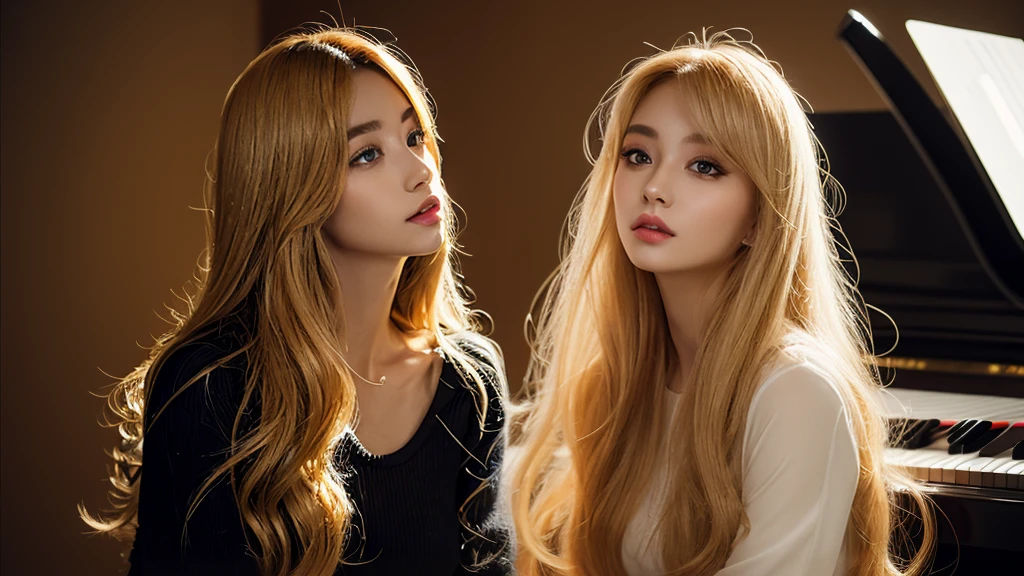plays piano, 20 years old, long hair, fair skin, beautiful woman, rosian、gold hair