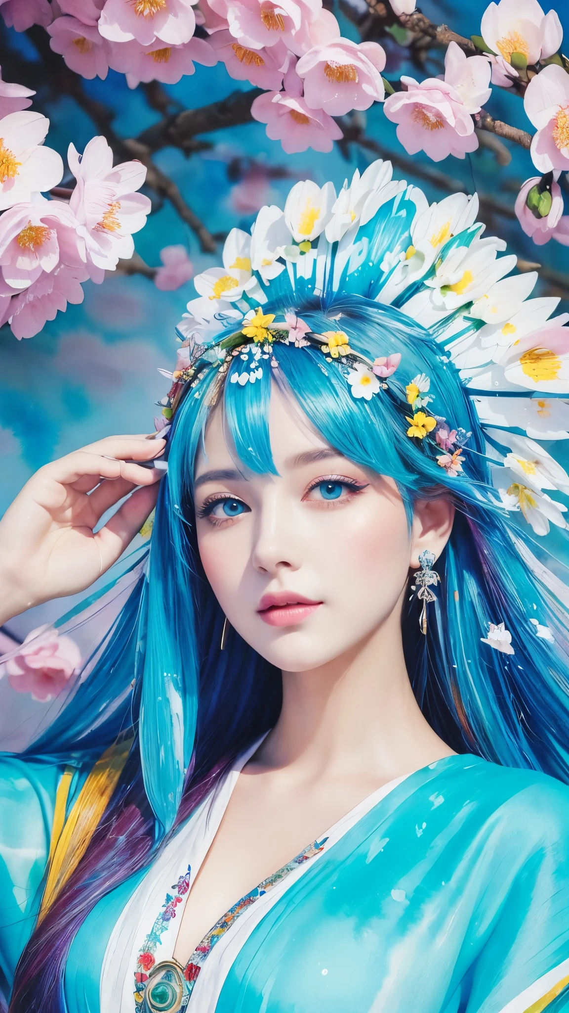 (Highest quality),(masterpiece:1.2), (colorful:0.9), (splashing ink),(Color splashes),((watercolor)), Crisp and sharp focus, Model shoot,, (Portrait of the Goddess of Spring:1.5), Cute expression,Elegant blue hair, Beautifully detailed face and eyes, Elegant goddess outfit, Spring forest background,, Color Water  