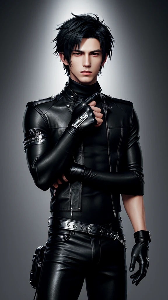 Final fantasy taste and reality graphics, Japanese young cute and cool ikemen  boy, his age is early 20s, thin eyebrows and beady eyes,  he wearing off black color leather thick singlebrest biker jacket, with epaulet,  must close the front of the leather jacket, jacket is biker style, jacket is voluminous, , jacket collar is high length stand-up collar with belts, jacket is a little black line pattern,close the front of the jacket, also wearing black thick turtleneck lackluster shirts,  tight black leather pants, shiny black leather tight and thin glove, black leather knee-high raceup boots,must views  head-to-toe,must views whole body, boy looks like fashion model,Do not show skin from the neck down,leather jacket leather glove and leather pants have few wrinkles,boy in the room,
